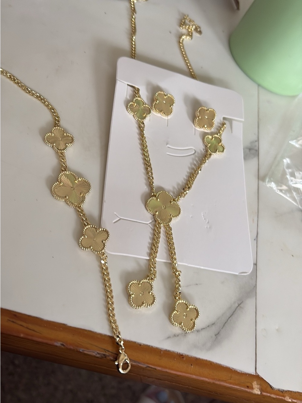Gold Clover Pendant Necklace and Earrings Set - Women Jewelry